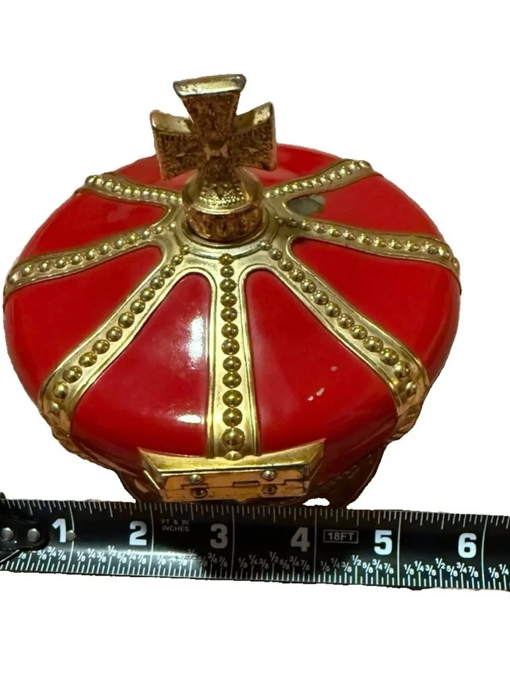 Vintage 1960 Enameled Red Imperial Crown Hinged Trinket Decorative Jewelry Box